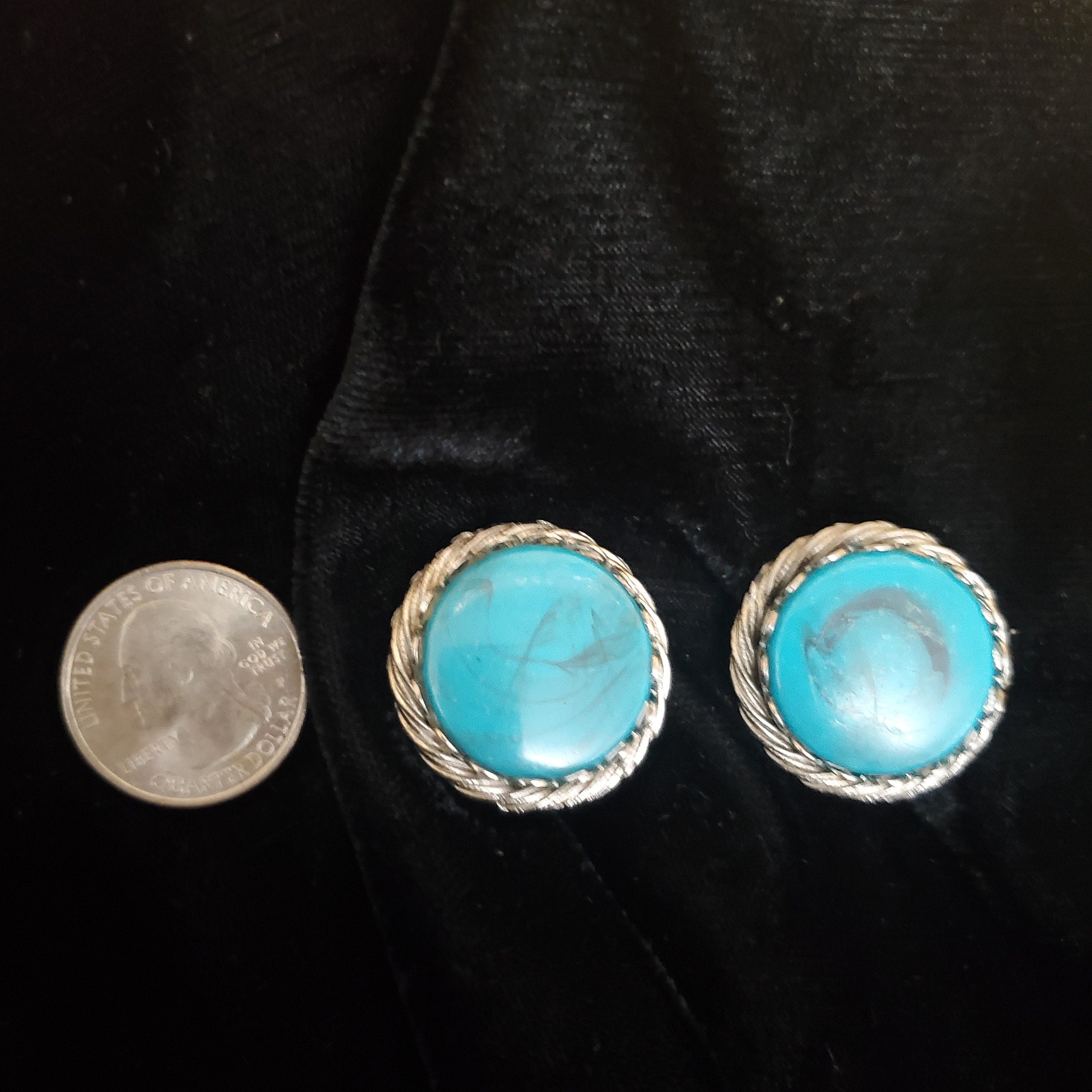 Large Faux Turquoise Silvertone Clip On Vintage Earrings
