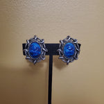 BLUE SCARAB Beetle Eyptian Revival Silvertone Clip On earrings, Beetle Egyptian Earrings