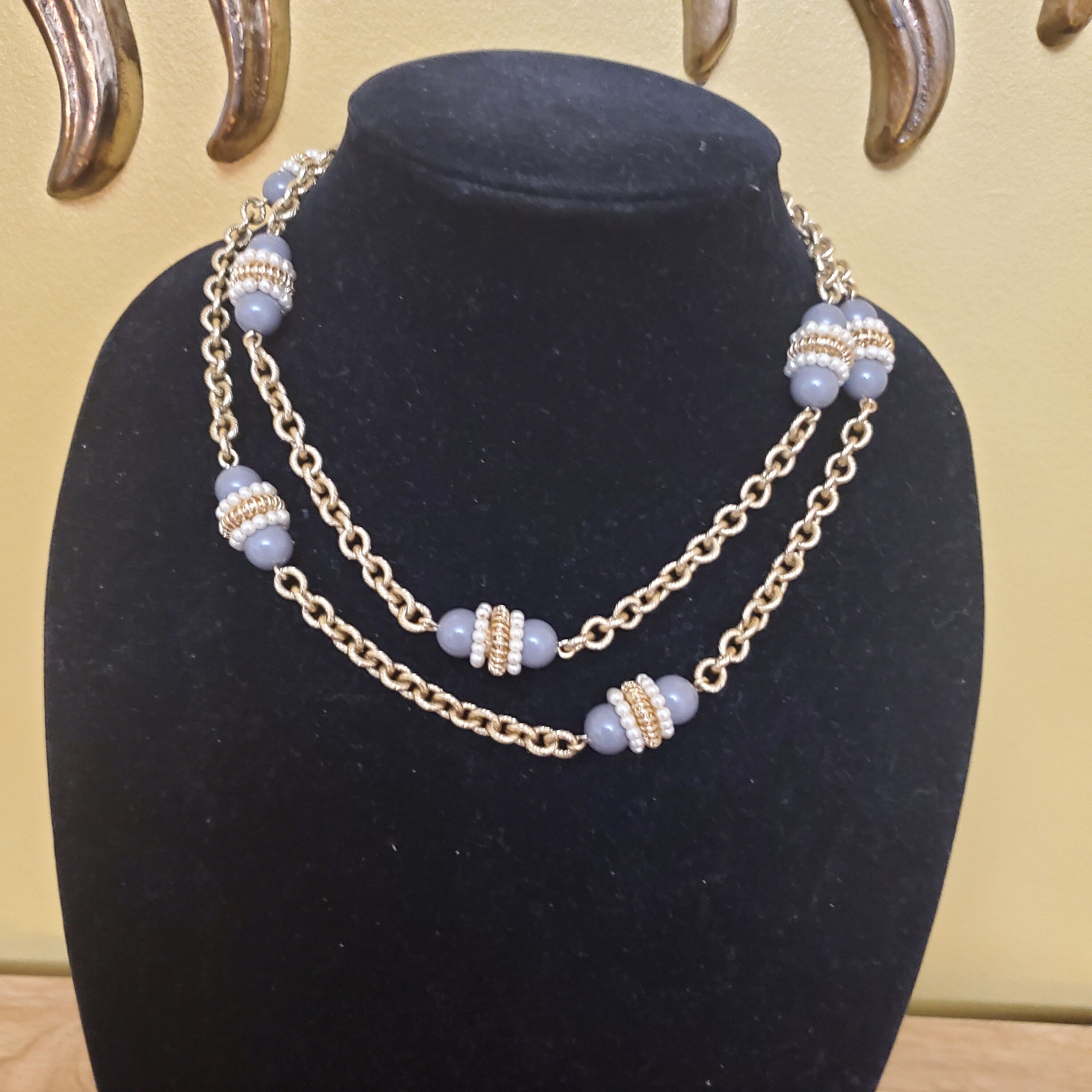Beautiful 36" Seed Pearl Grey Bead Gold Plated Chunky Cable Link Chain By J Crew