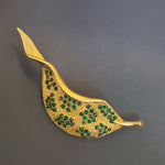 Beautiful ART Signed Green Stone Crystals Gold Plated Vintage Brooch Designer Couture Vintage Pin