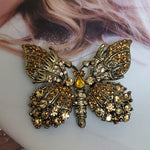 Gorgeous Amber Orange Rhinestone Antique Gold Butterfly Brooch, Topaz Citrine Root Beer Rhinestone, D&E Juliana?