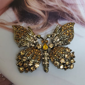 Gorgeous Amber Orange Rhinestone Antique Gold Butterfly Brooch, Topaz Citrine Root Beer Rhinestone, D&E Juliana?