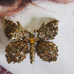 Gorgeous Amber Orange Rhinestone Antique Gold Butterfly Brooch, Topaz Citrine Root Beer Rhinestone, D&E Juliana?