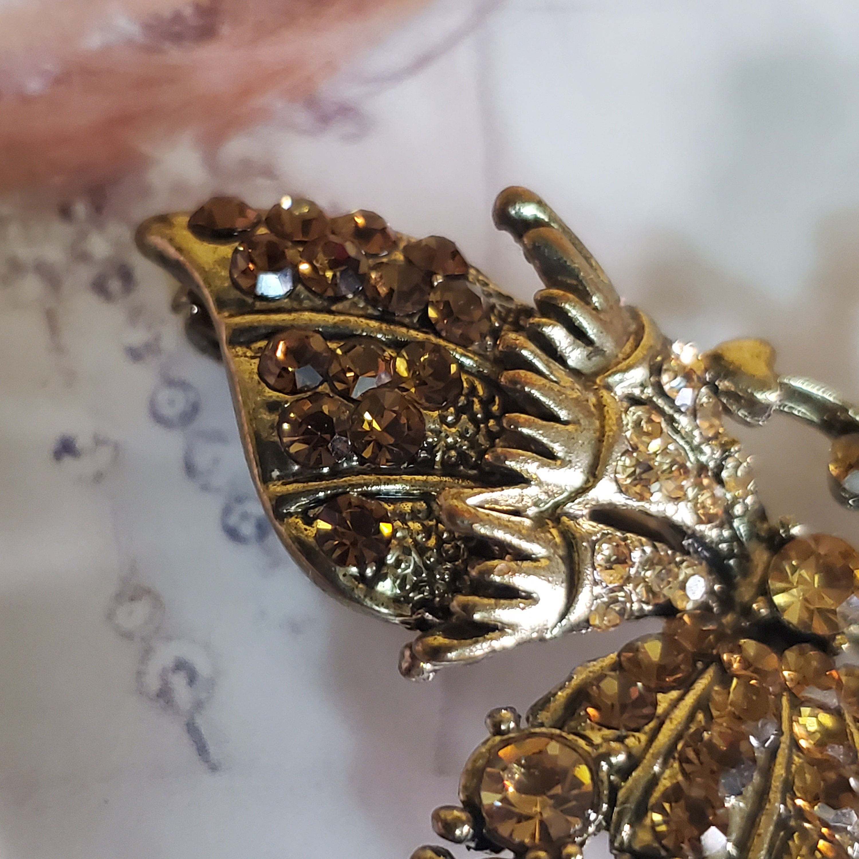 Gorgeous Amber Orange Rhinestone Antique Gold Butterfly Brooch, Topaz Citrine Root Beer Rhinestone, D&E Juliana?