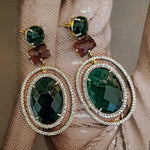 18K Yellow Gold Plated Sparkling Faceted Green Emerald Stone Bridal Earrings, Bridal Earrings, Couture