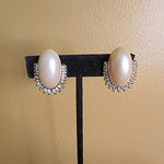 Gorgeous Large Faux Pearl Rhinestone Vintage Clip On Gold Plated Earrings