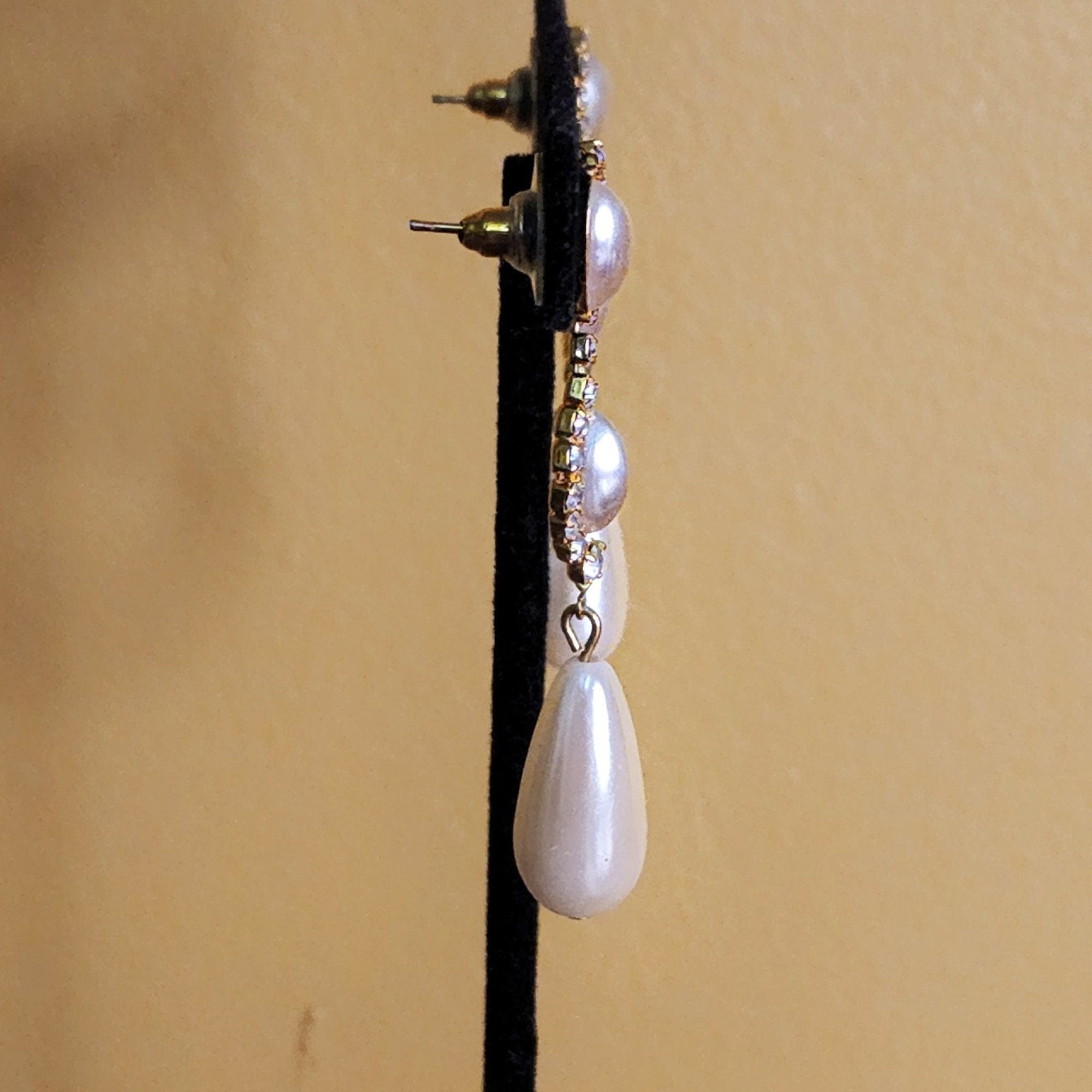 Beautiful Faux Pearl Rhinestone Teardrop Vintage Yellow Gold Plated Earrings, Victorian Style Earrings, Hollywood Regency
