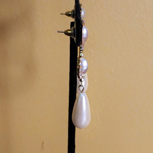 Beautiful Faux Pearl Rhinestone Teardrop Vintage Yellow Gold Plated Earrings, Victorian Style Earrings, Hollywood Regency