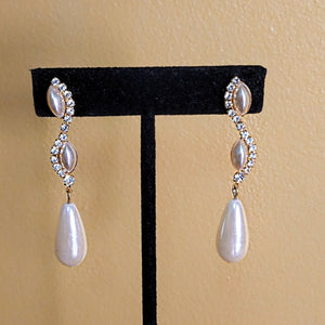 Beautiful Faux Pearl Rhinestone Teardrop Vintage Yellow Gold Plated Earrings, Victorian Style Earrings, Hollywood Regency