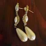 Beautiful Faux Pearl Rhinestone Teardrop Vintage Yellow Gold Plated Earrings, Victorian Style Earrings, Hollywood Regency
