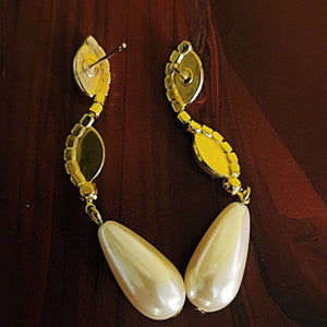 Beautiful Faux Pearl Rhinestone Teardrop Vintage Yellow Gold Plated Earrings, Victorian Style Earrings, Hollywood Regency