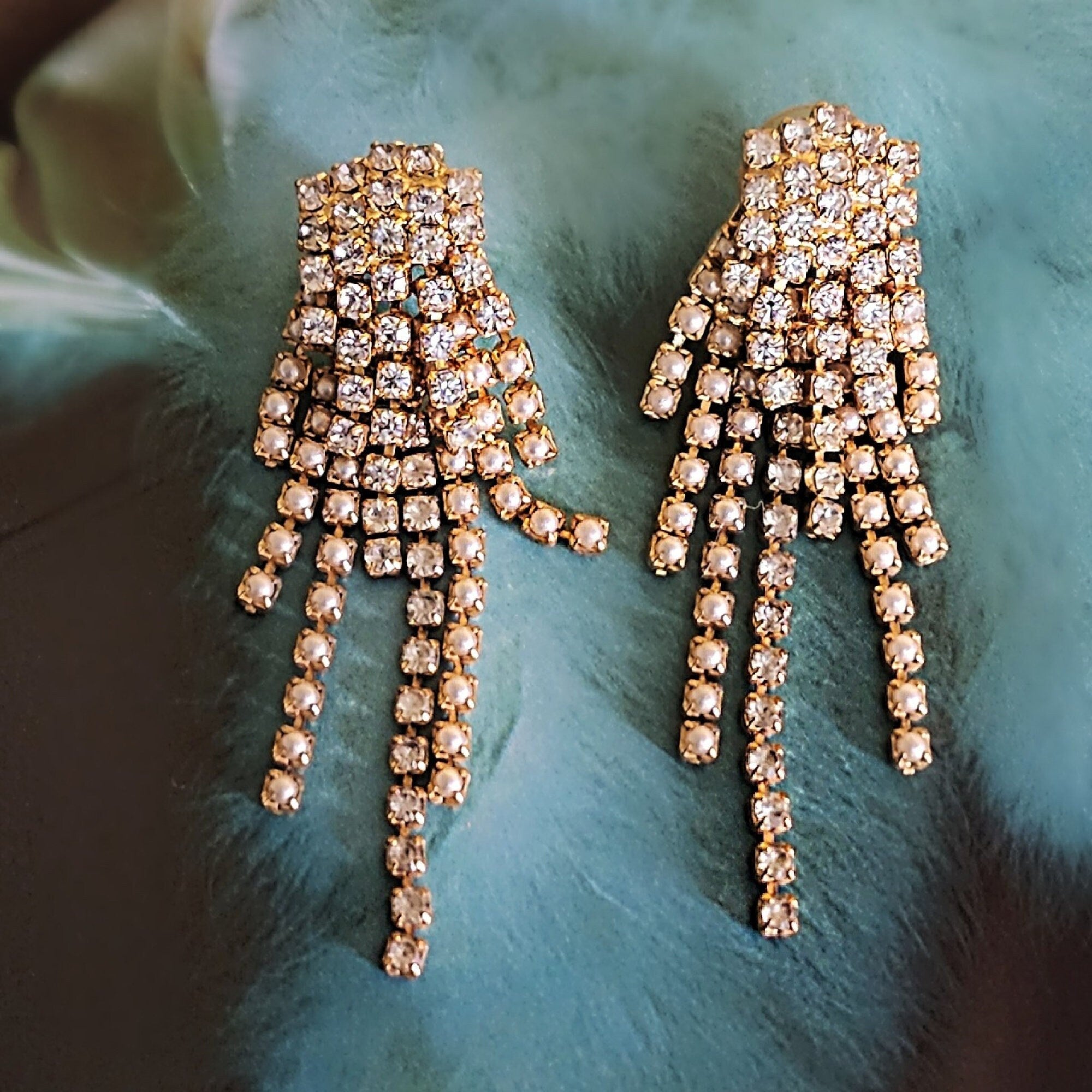 Gorgeous Rhinestone Faux Pearl Gold Plated Dangle Earrings, Wedding Earrings, Pierced Earrings