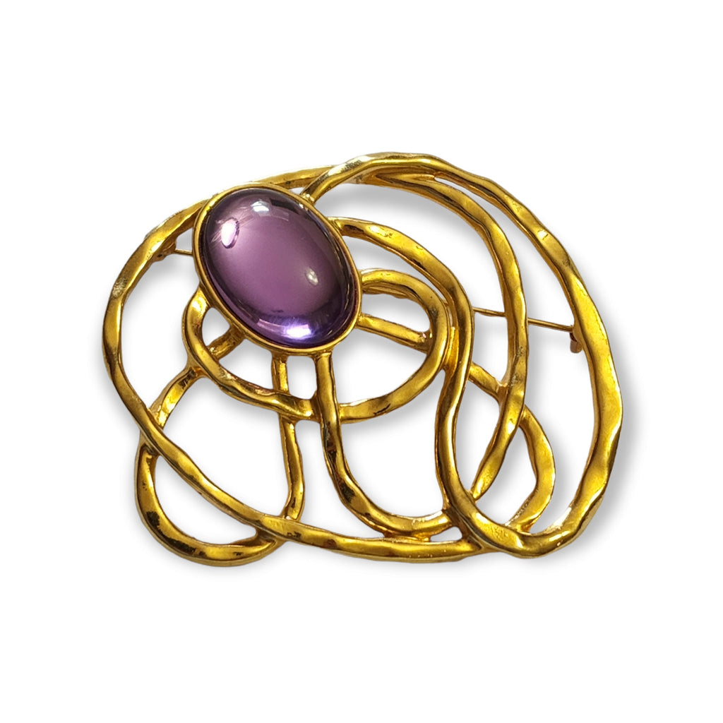 Avon Purple Glass Cabochon Modernist Gold Plated Brooch