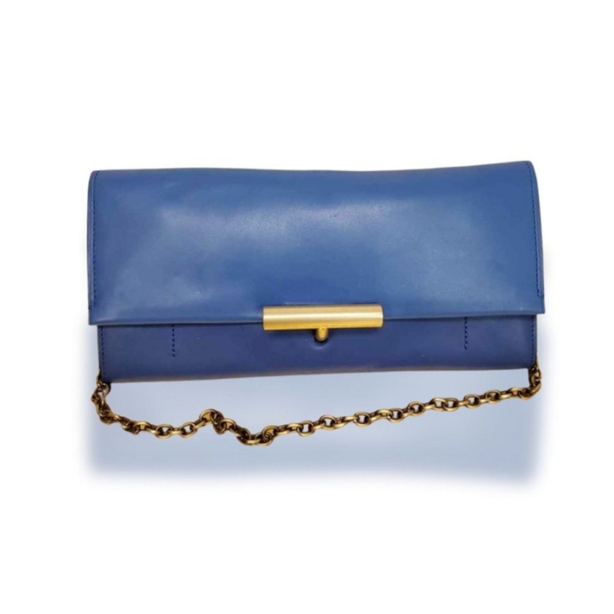 Reed Krakoff T-Pin Blue Color Block Clutch Shoulder Crossbody Removable Gold Brass Chai