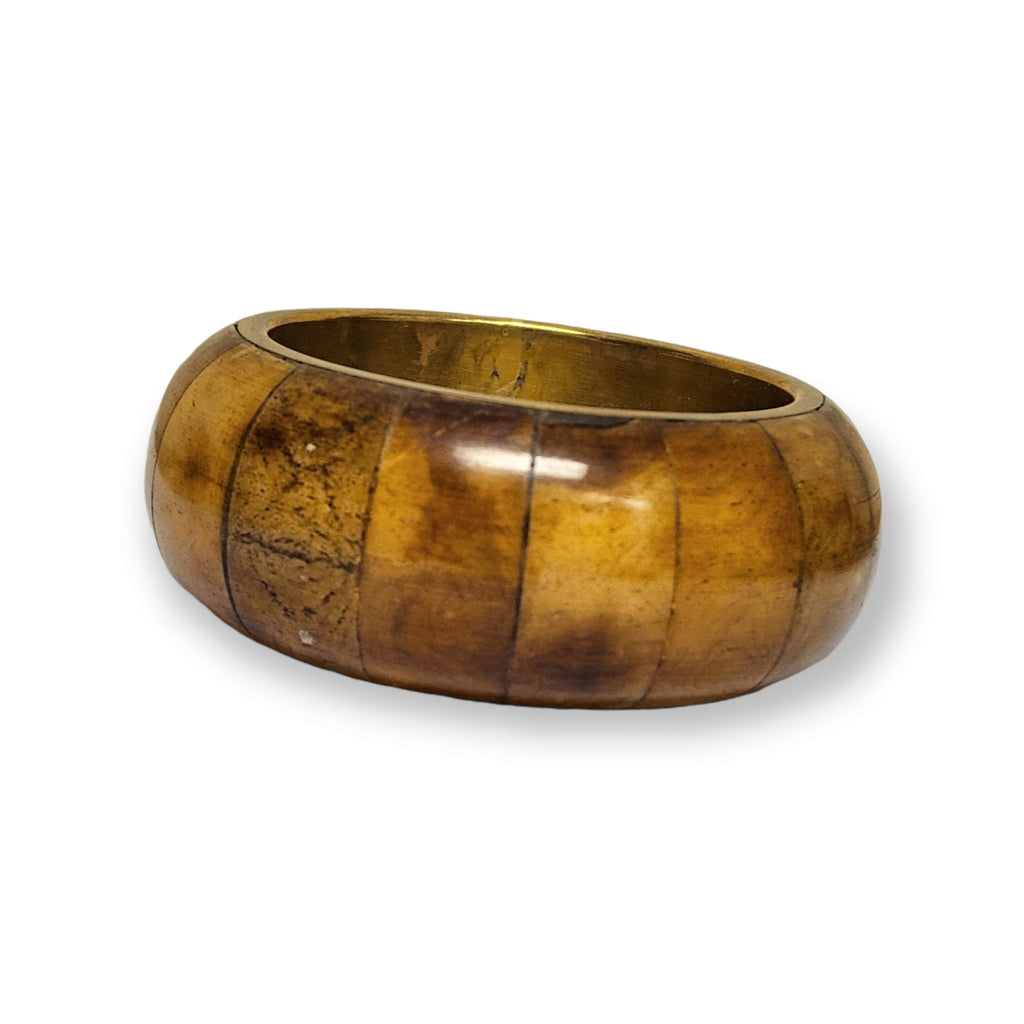 Chunky Brown Bone And Brass Bangle Wide Vintage Bracelet, 6.5" to 8" Wrist