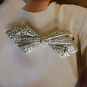 Lovely Rhinestone Silver Tone Faux Marcasite Bow Vintage Brooch Pin