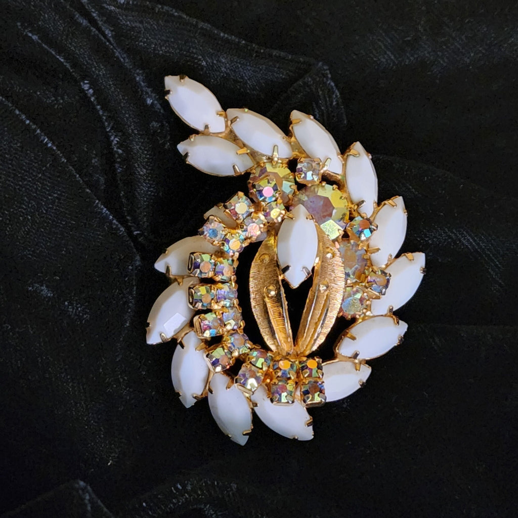 Large Beautiful Milk Glass AB Stones Vintage Brooch