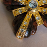 Joan Rivers Ribbed Resin Tortoise Shell Maltese Cross Yellow Gold Tone Vintage Brooch, Swarovski Clear Chaton Accents
