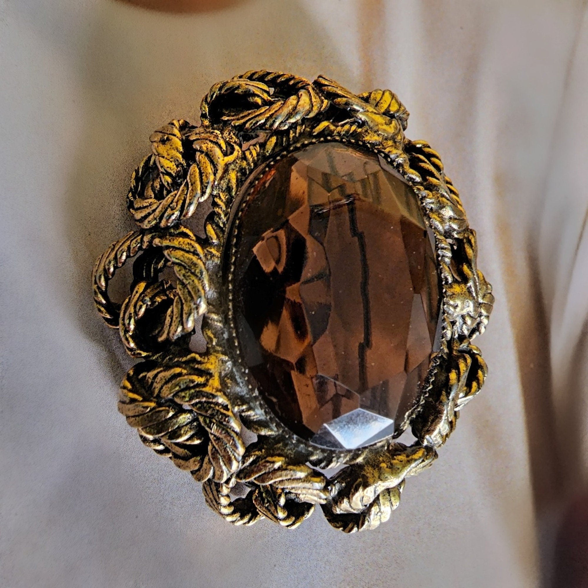 Original by Roberts Large Topaz Glass Rhinestone Brooch