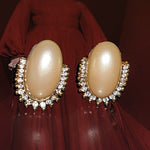 Gorgeous Large Faux Pearl Rhinestone Vintage Clip On Gold Plated Earrings