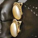 Gorgeous Large Faux Pearl Rhinestone Vintage Clip On Gold Plated Earrings