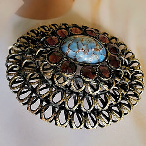 Kandell And Marcus New York Victorian Style Purple Cabochons Turquoise Confetti Lucite Stone Vintage Statement Brooch