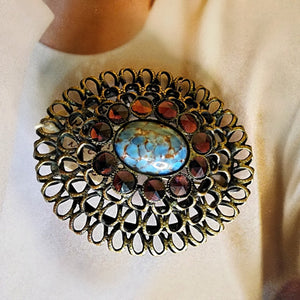 Kandell And Marcus New York Victorian Style Purple Cabochons Turquoise Confetti Lucite Stone Vintage Statement Brooch