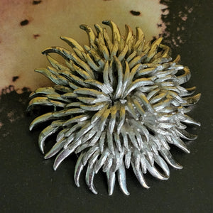 Brutalist Floral Spiked Domed Silver Tone Vintage Brooch