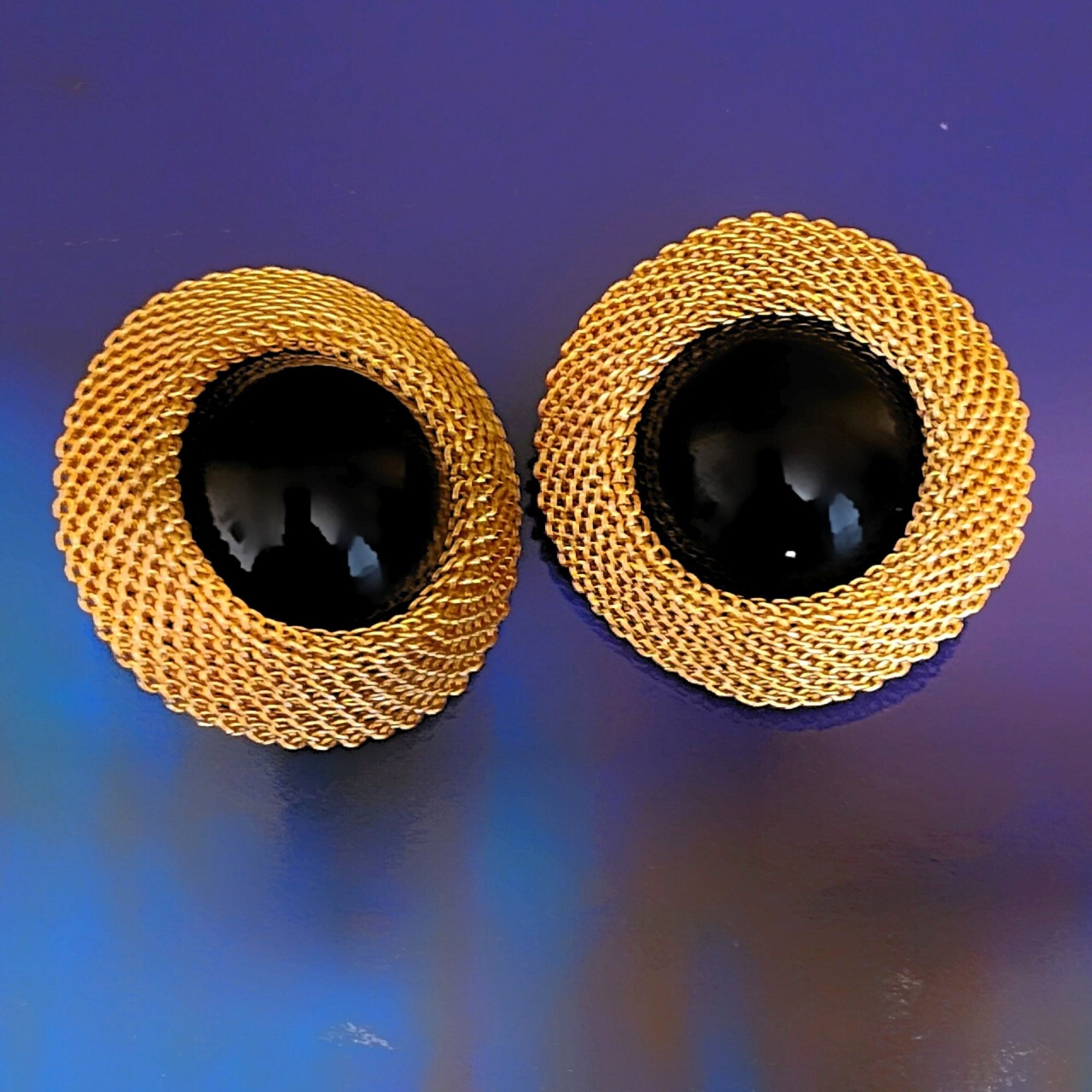 Oversized Black Cabochon Mesh Gold Plated Clip On Vintage Earrings