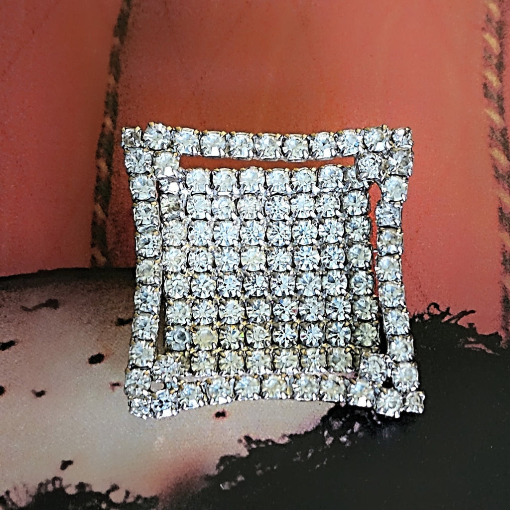 Gorgeous Rhinestone Square Multilayered Silvertone Vintage Brooch Pin