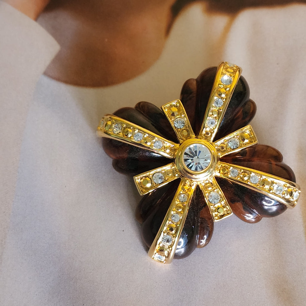 Joan Rivers Ribbed Resin Tortoise Shell Maltese Cross Yellow Gold Tone Vintage Brooch, Swarovski Clear Chaton Accents