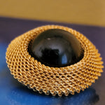 Oversized Black Cabochon Mesh Gold Plated Clip On Vintage Earrings