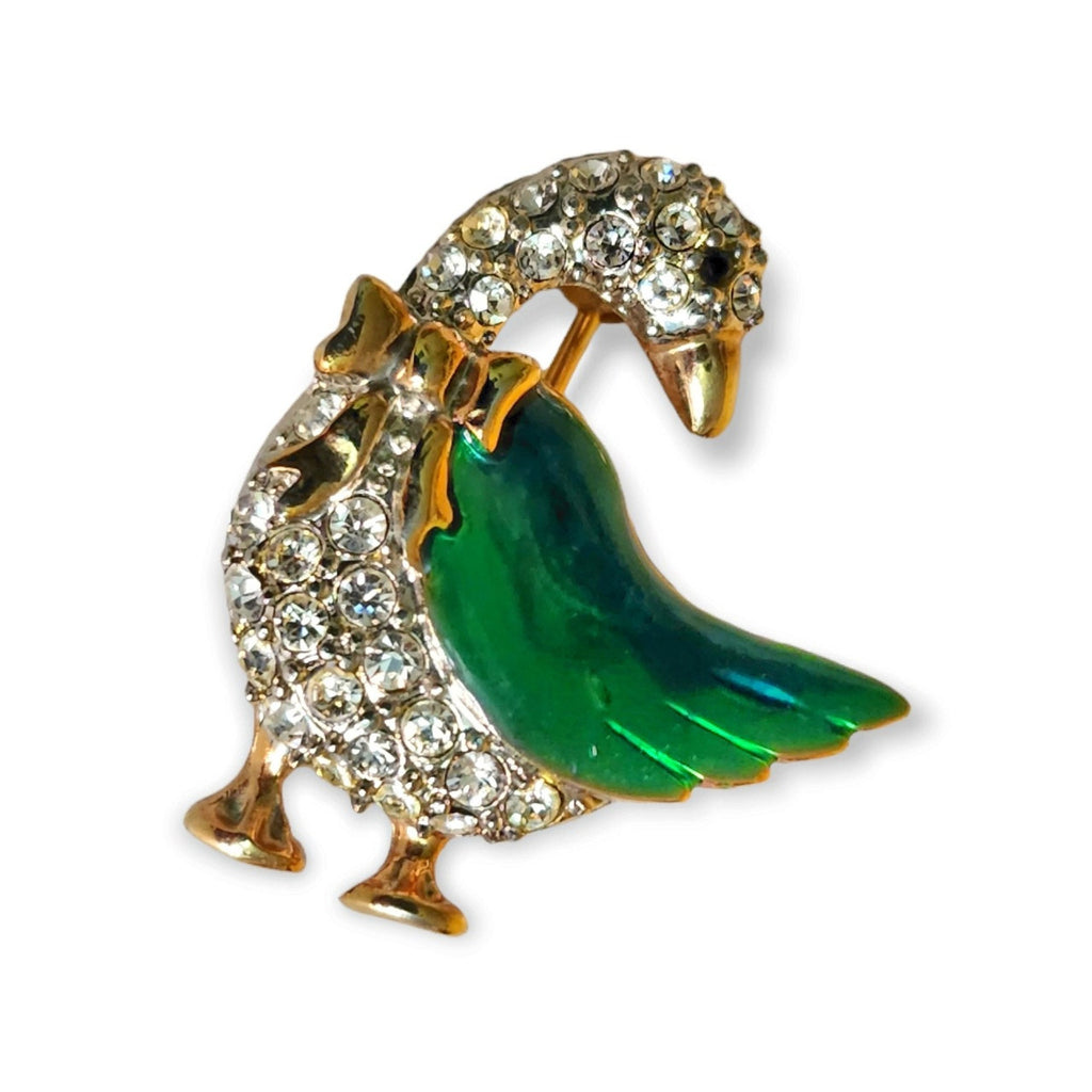 Lovely Green Enameled Clear Diamante Figural Goose Vintage Pin Brooch