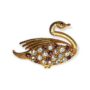 Beautiful Swan Gold Plated Clear Purple Sparking Crystals Vintage PinBrooch Pin