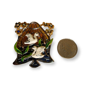 Gorgeous Love Birds Enameled Cage Rhinstones Flower Pin Brooch Stained Glass, Statement Brooch