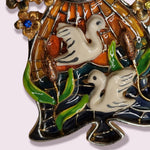 Gorgeous Love Birds Enameled Cage Rhinstones Flower Pin Brooch Stained Glass, Statement Brooch
