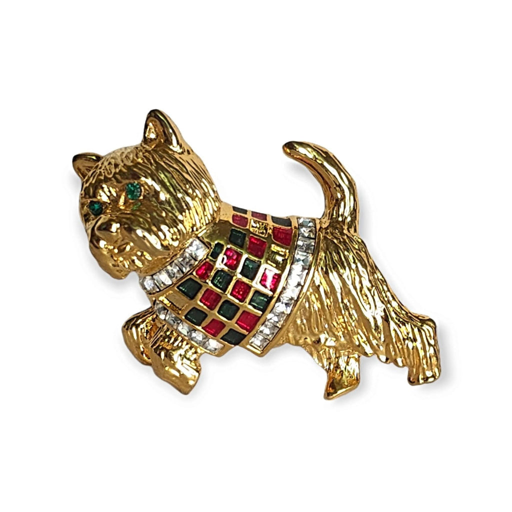 Vintage Scottie Dog Rhinestone Collar Enameled Plaid Sweater Vintage Yellpw Gold Plated Brooch