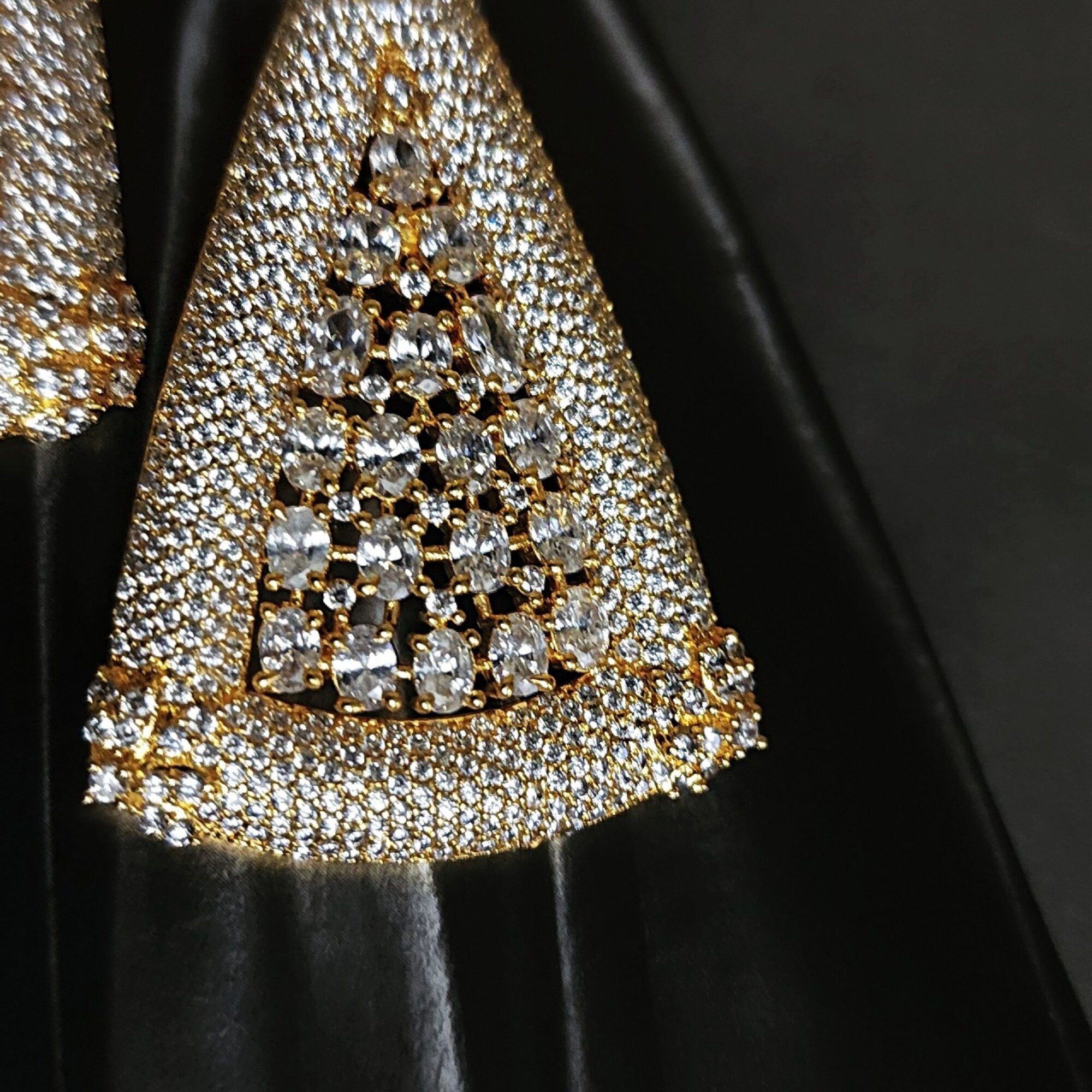 Brilliant! 18K White Yellow Gold Plated Pave Illusion Stones Triangle Dangling Drop Earrings, Wedding Earrings,Couture,Eyptian Revival Style