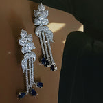 Stunning! Flower Pave Illusion Blue Sapphire Dangling 18K White Gold Plated Earrings, Couture, Bridal Earrings, Wedding Statement Earrings