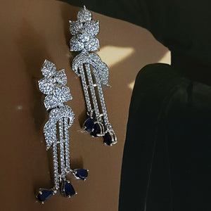 Stunning! Flower Pave Illusion Blue Sapphire Dangling 18K White Gold Plated Earrings, Couture, Bridal Earrings, Wedding Statement Earrings