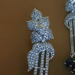 Stunning! Flower Pave Illusion Blue Sapphire Dangling 18K White Gold Plated Earrings, Couture, Bridal Earrings, Wedding Statement Earrings