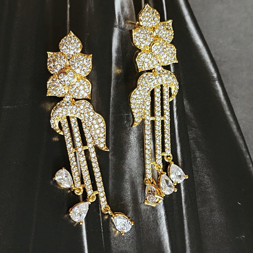 Stunning! Flower Pave Illusion Stones Dangling Drop 18K Yellow Gold Plated Earrings, Couture, Bridal Earrings, Wedding Statement Earrings