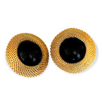 Oversized Black Cabochon Mesh Gold Plated Clip On Vintage Earrings