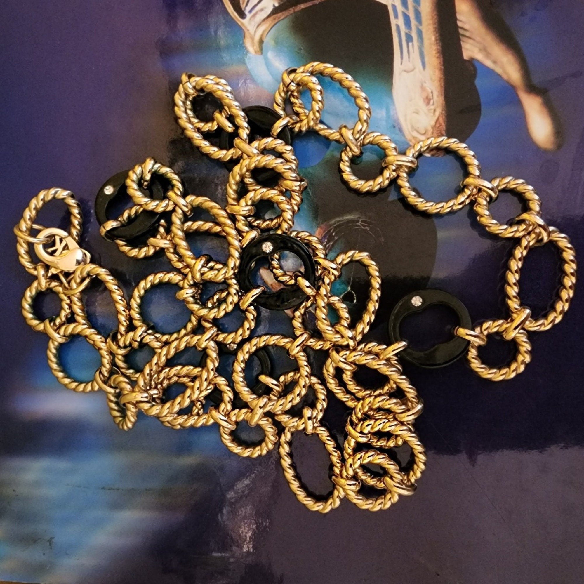 Grace Kelly 36 Link Gold Plated Link Black Station Swaroski Crystals Necklace
