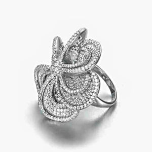 Statement Floral Blossoming White Gold Vermeil Diamond Simulant Pave Statement Ring, Statement Ring