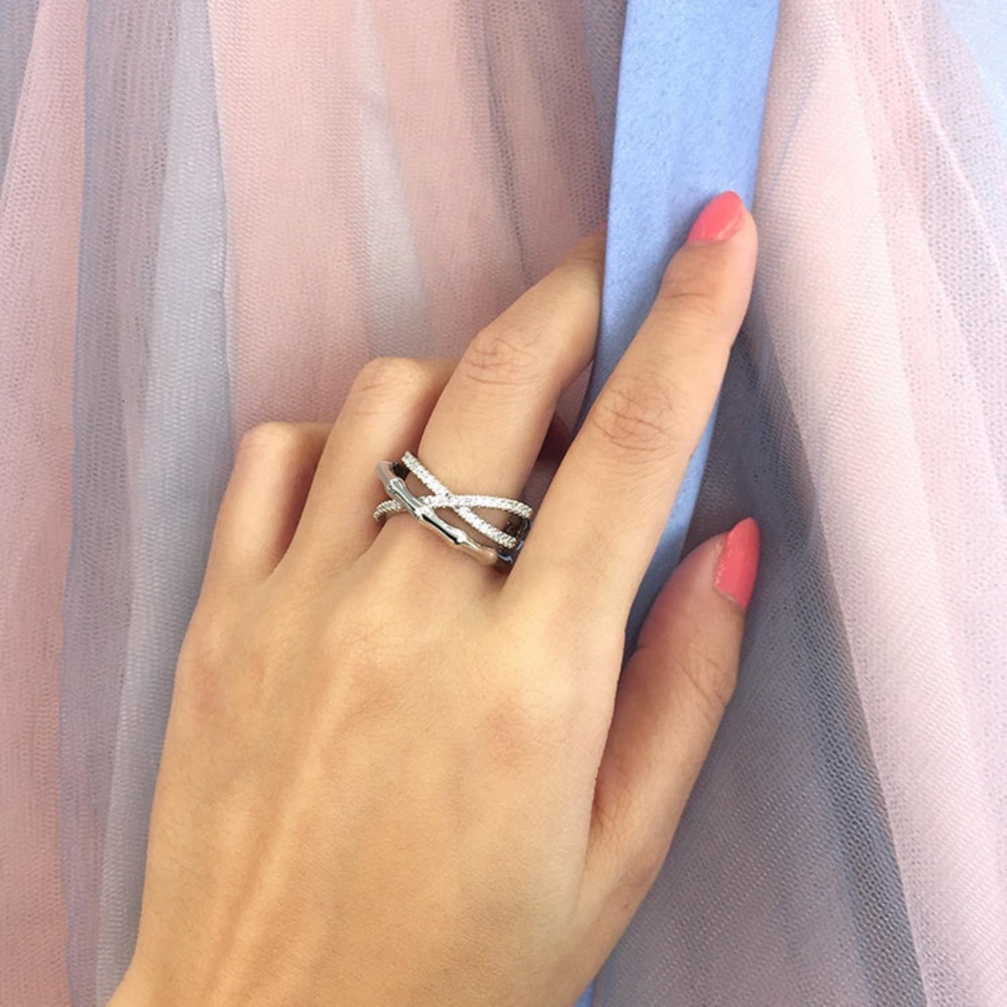 Beautiful 18K White Yellow Gold Vermeil Bamboo Cross Diamond Simulant Ring, Mother's Day Gift, Valentine's Day Gift For her