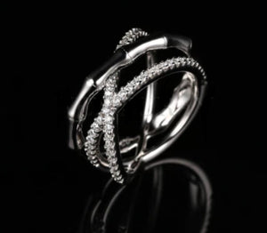 Beautiful 18K White Yellow Gold Vermeil Bamboo Cross Diamond Simulant Ring, Mother's Day Gift, Valentine's Day Gift For her