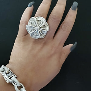 Statement Floral Blossoming White Gold Vermeil Diamond Simulant Pave Statement Ring, Statement Ring