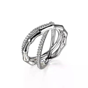 Beautiful 18K White Yellow Gold Vermeil Bamboo Cross Diamond Simulant Ring, Mother's Day Gift, Valentine's Day Gift For her