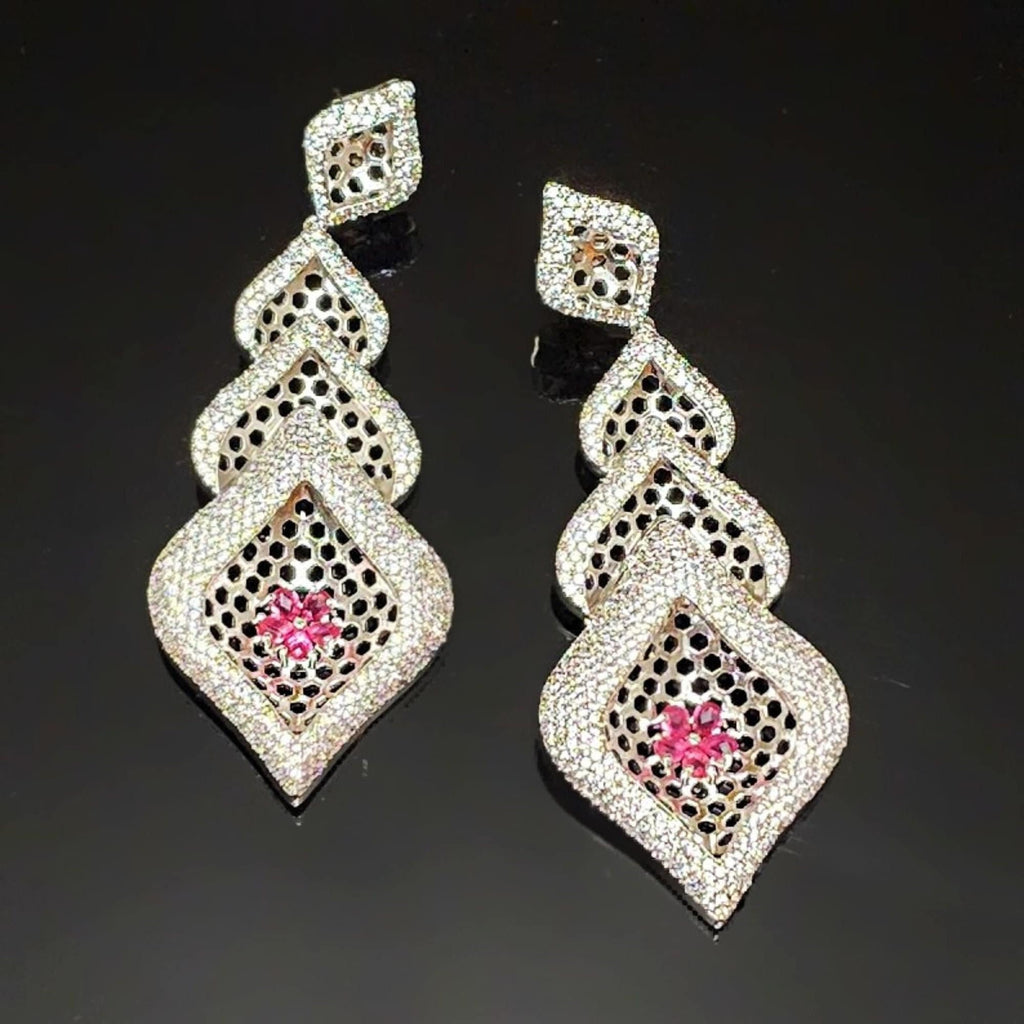Teardrop 18K White Gold Plated Illusion Pave Simulants Faux Pink Sapphire Earrings, Couture, Bridal Earrings, Wedding Statement Earrings
